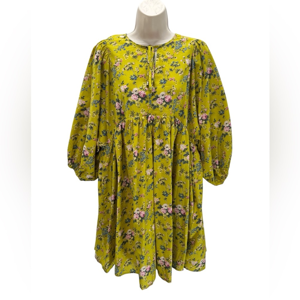 NWT Entro Chartreuse Floral Babydoll Dress Easter Cottage Romantic M